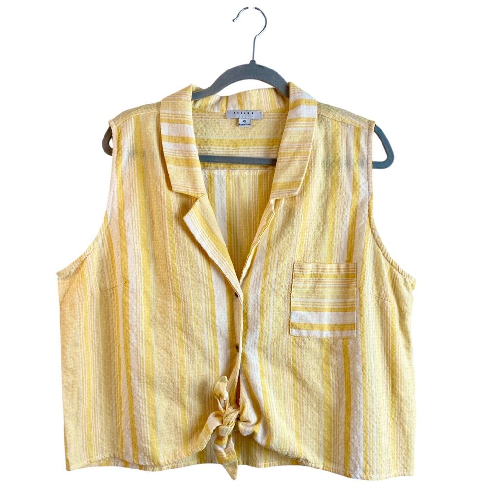 Favlux 3X Top Butter Yellow Stripe Linen Look Tie Front Sleeveless Crop Resort